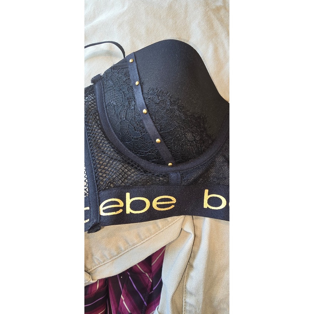 Bebe Intimates Black Lace Mesh Studded Push Up Bra‎ Gold Logo 34C - Picture 2 of 3